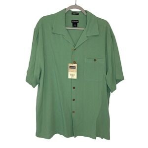 St Johns Bay Mens XL Tav Green 100% Silk Mini Waffle Island Style Camp Shirt NWT